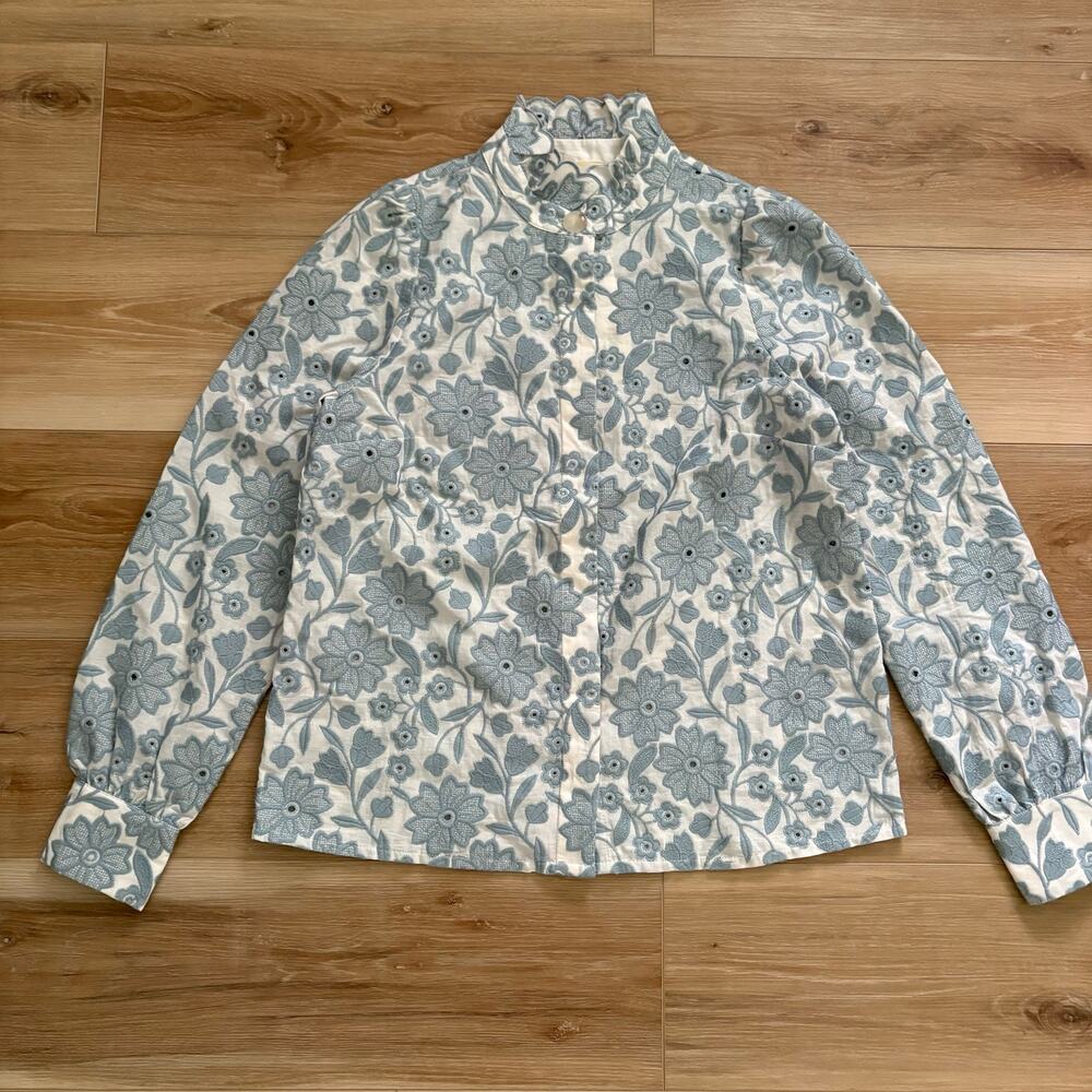 Sezane Ambre Shirt Contrasting Embroidery Ecru Blue 38/US6